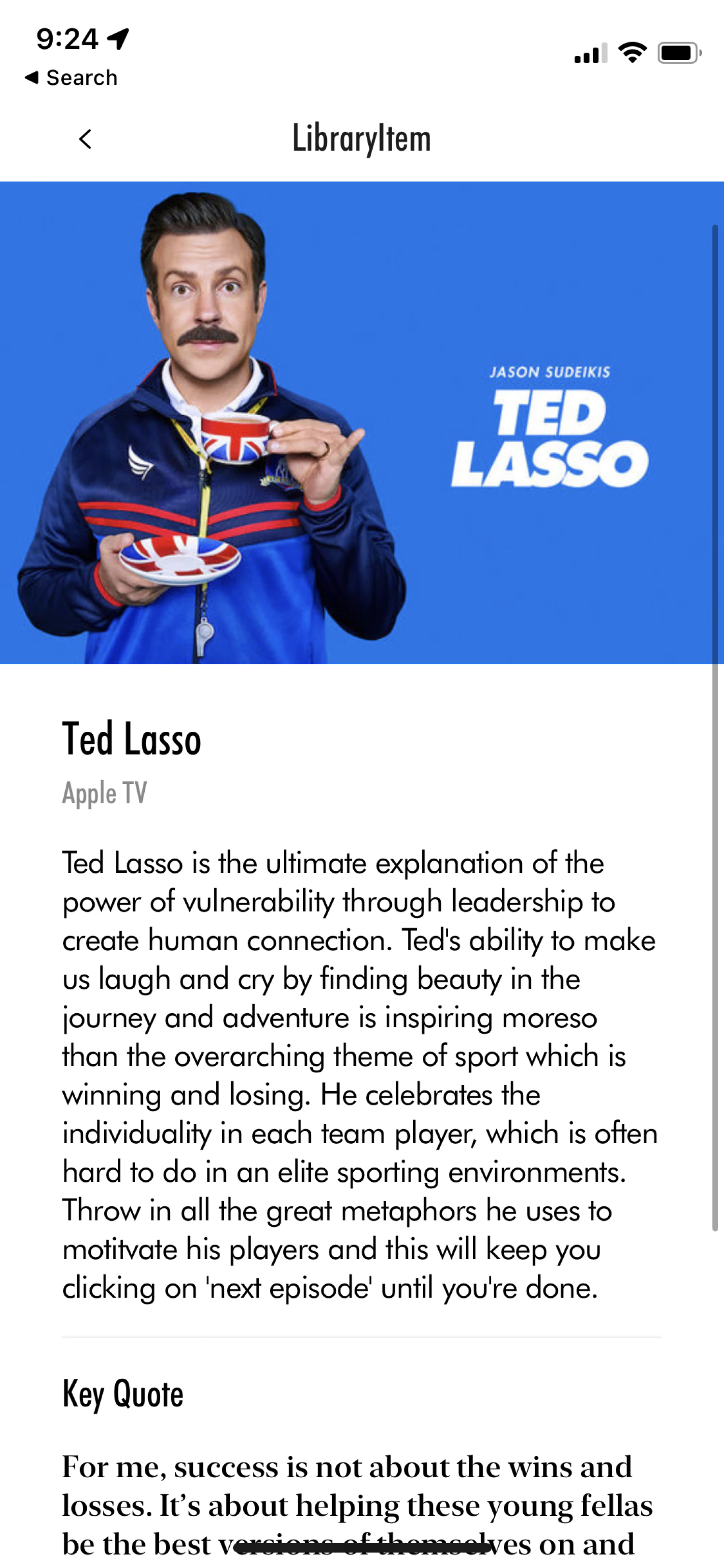 Ted Lasso is a recommendation in the Mojo Crowe app's library.